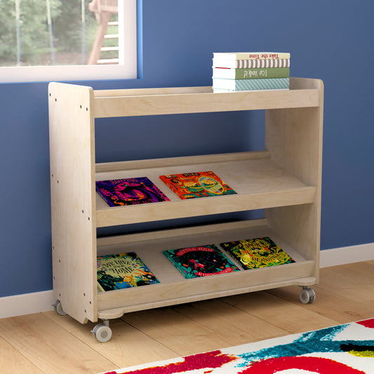 Bright Beginnings Commercial Space Saving Wooden Mobile Classroom Storage Cart, 3 Angled Shelves, Locking Caster Wheels, Kid Friendly Design, Natural Beech