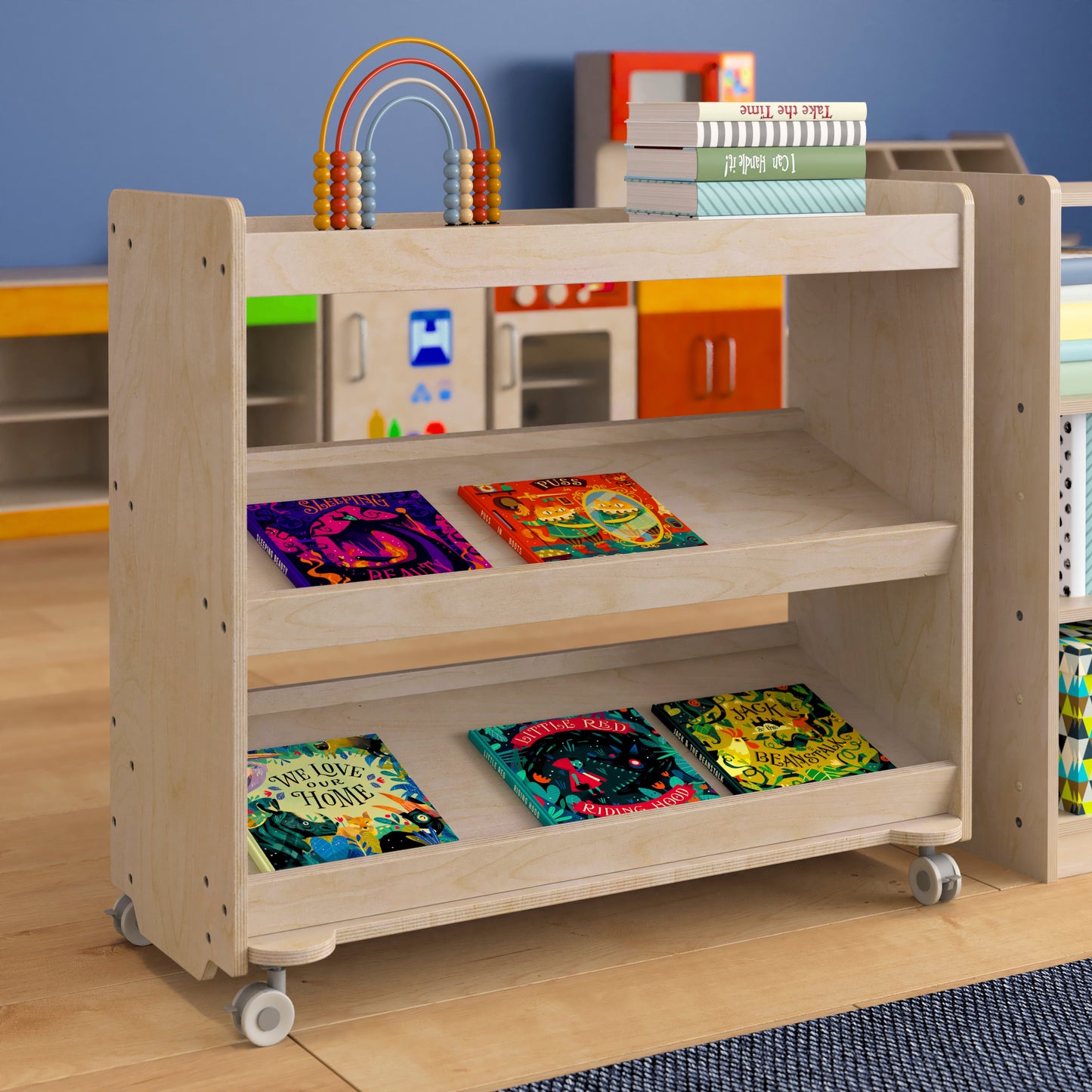 Bright Beginnings Commercial Space Saving Wooden Mobile Classroom Storage Cart, 3 Angled Shelves, Locking Caster Wheels, Kid Friendly Design, Natural Beech