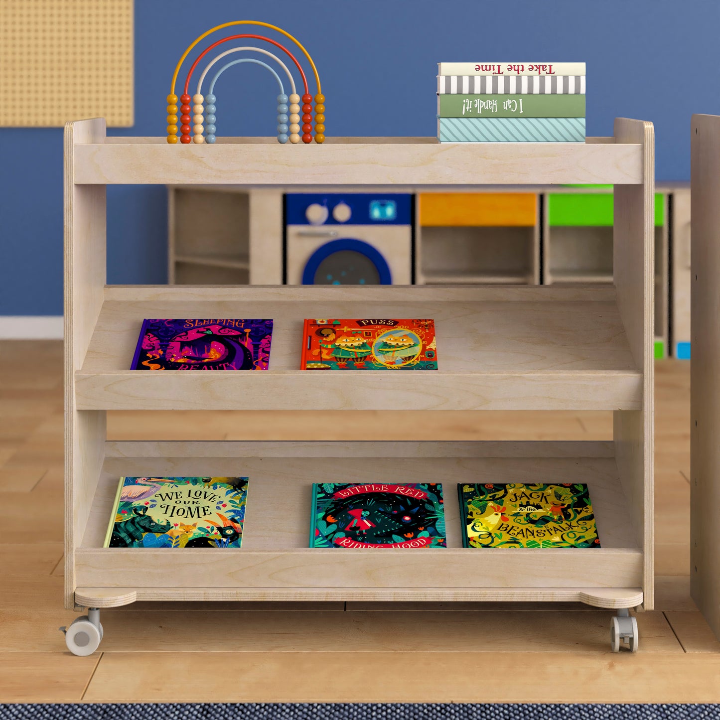 Bright Beginnings Commercial Space Saving Wooden Mobile Classroom Storage Cart, 3 Angled Shelves, Locking Caster Wheels, Kid Friendly Design, Natural Beech