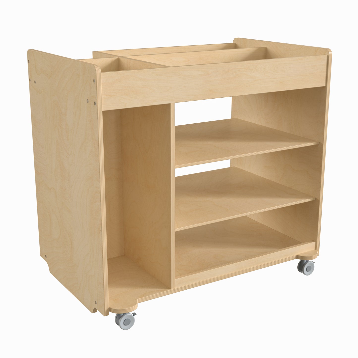 Bright Beginnings Commercial Wooden Mobile Storage Cart with Space Saving Vertical and Horizontal Storage Compartments, Locking Caster Wheels, Natural Beech
