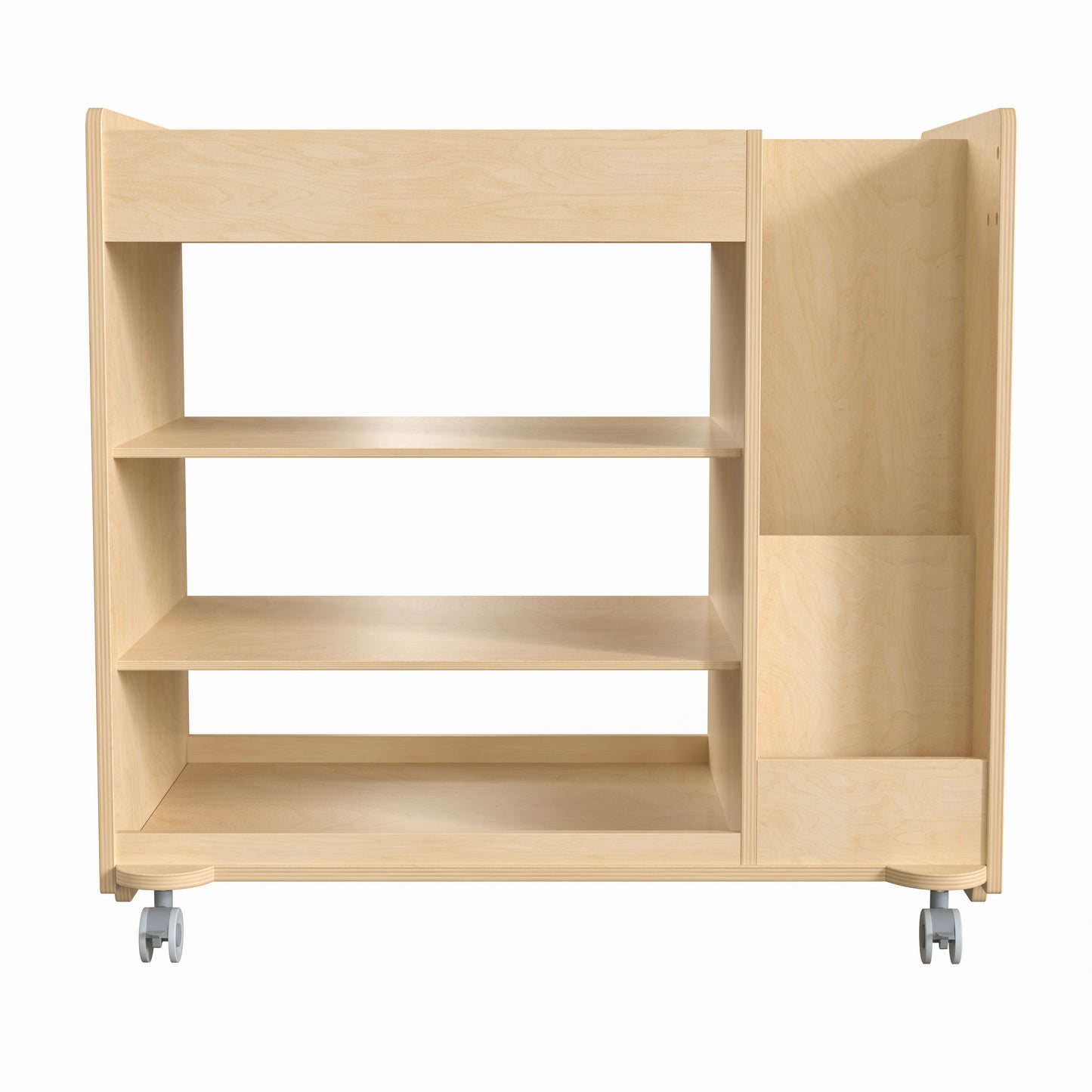 Bright Beginnings Commercial Wooden Mobile Storage Cart with Space Saving Vertical and Horizontal Storage Compartments, Locking Caster Wheels, Natural Beech