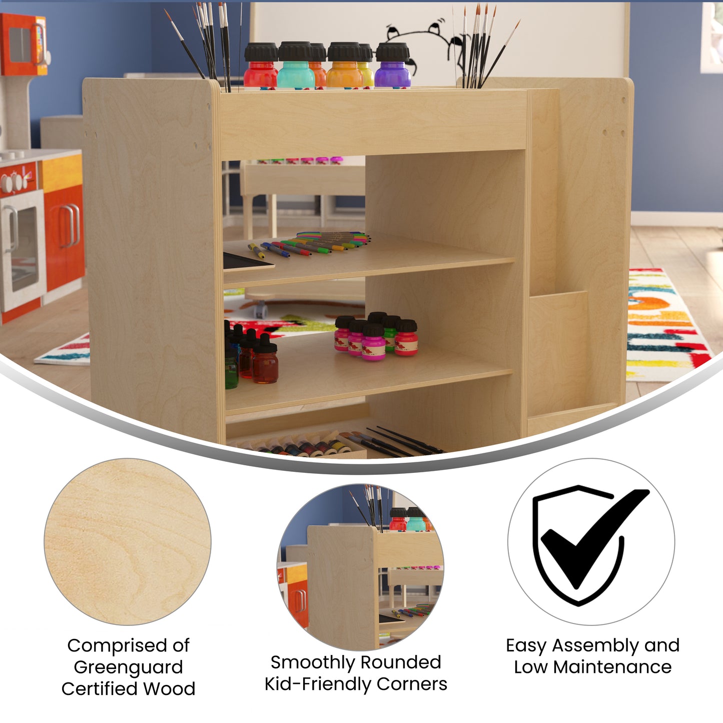 Bright Beginnings Commercial Wooden Mobile Storage Cart with Space Saving Vertical and Horizontal Storage Compartments, Locking Caster Wheels, Natural Beech