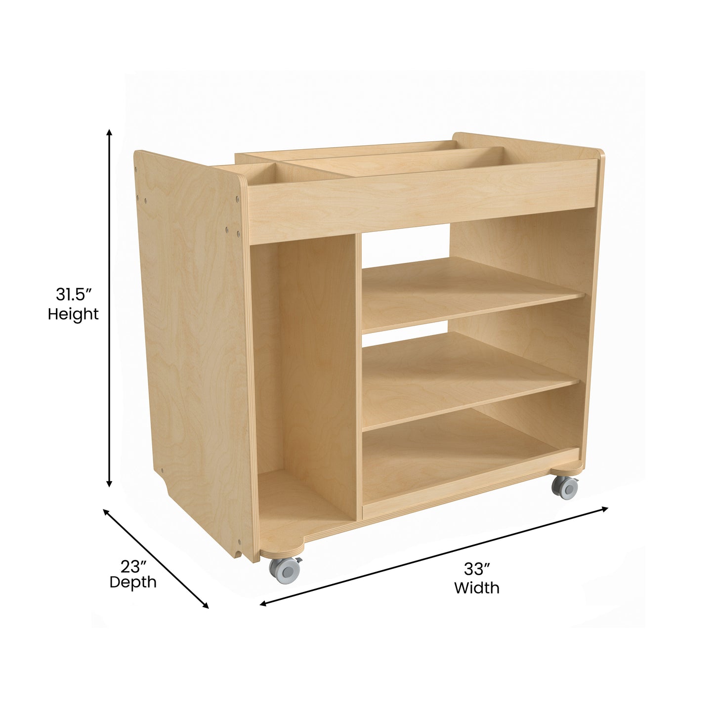 Bright Beginnings Commercial Wooden Mobile Storage Cart with Space Saving Vertical and Horizontal Storage Compartments, Locking Caster Wheels, Natural Beech
