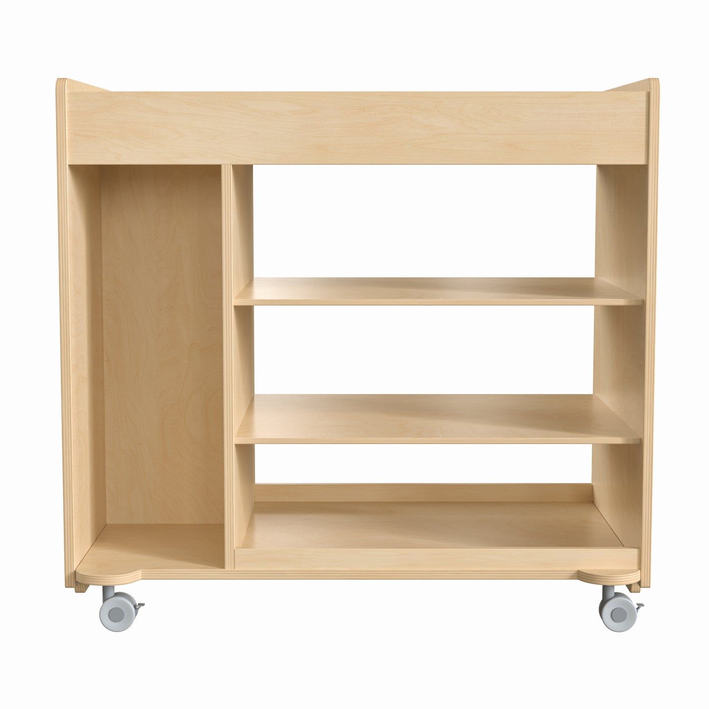 Bright Beginnings Commercial Wooden Mobile Storage Cart with Space Saving Vertical and Horizontal Storage Compartments, Locking Caster Wheels, Natural Beech