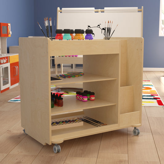 Bright Beginnings Commercial Wooden Mobile Storage Cart with Space Saving Vertical and Horizontal Storage Compartments, Locking Caster Wheels, Natural Beech