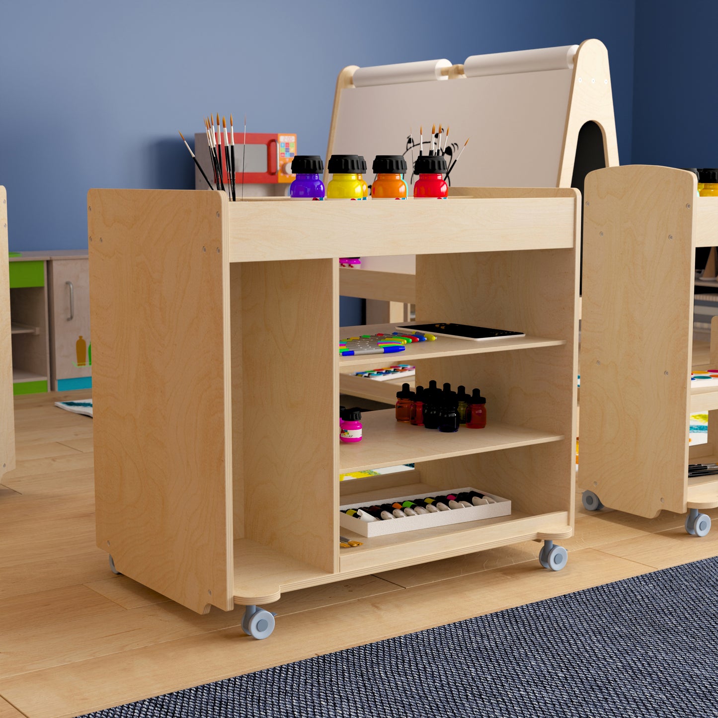 Bright Beginnings Commercial Wooden Mobile Storage Cart with Space Saving Vertical and Horizontal Storage Compartments, Locking Caster Wheels, Natural Beech