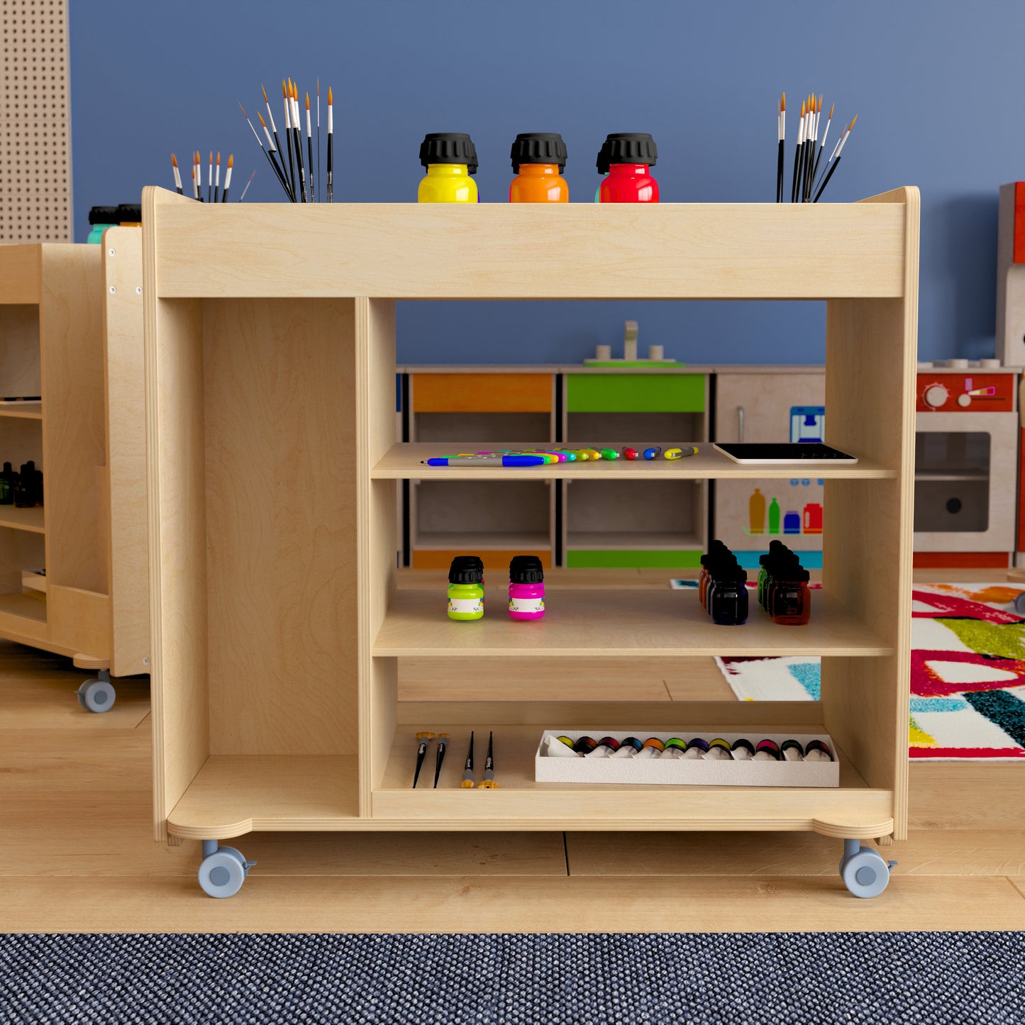 Bright Beginnings Commercial Wooden Mobile Storage Cart with Space Saving Vertical and Horizontal Storage Compartments, Locking Caster Wheels, Natural Beech