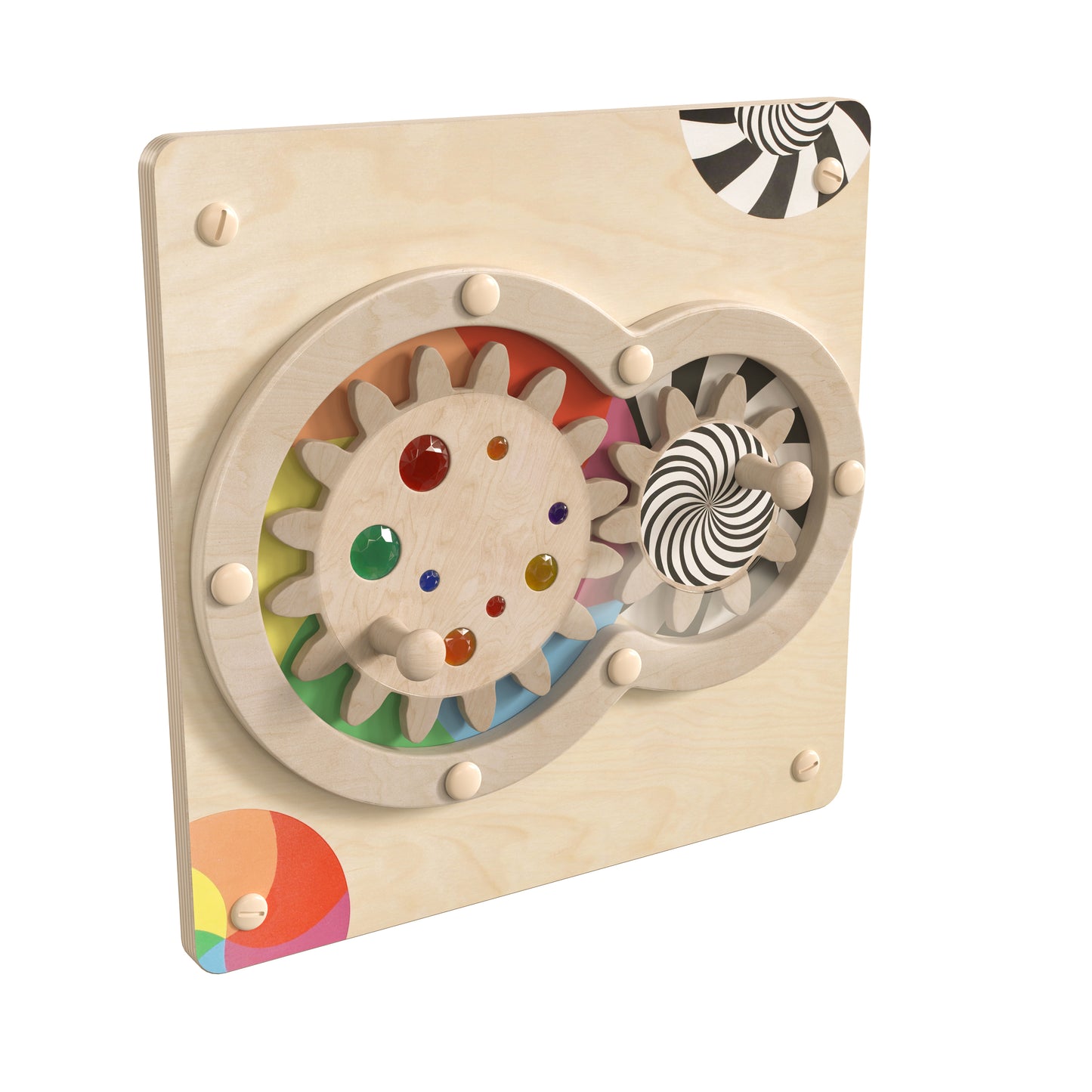Bright Beginnings Commercial Grade STEAM Wall Activity Board with Natural Finish and Multicolor Accents, Turning Gears Beech