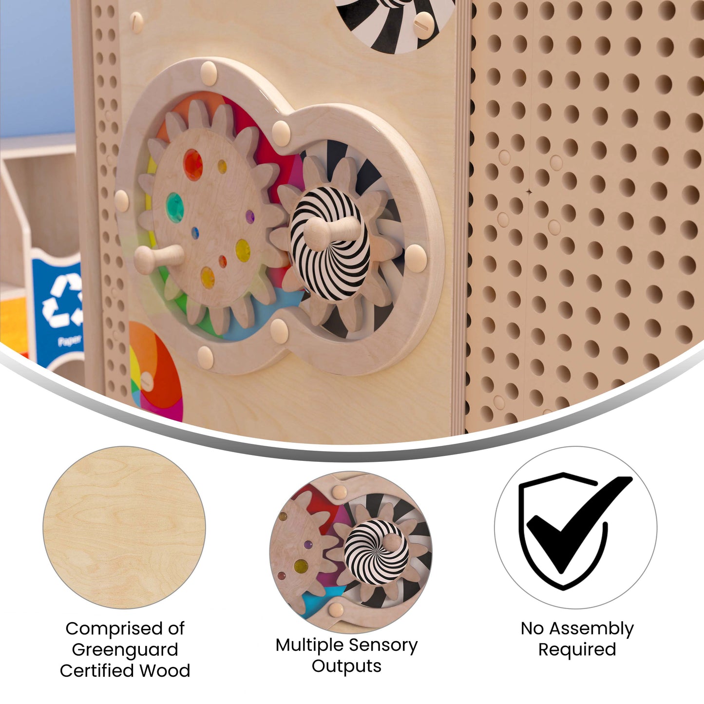 Bright Beginnings Commercial Grade STEAM Wall Activity Board with Natural Finish and Multicolor Accents, Turning Gears Beech