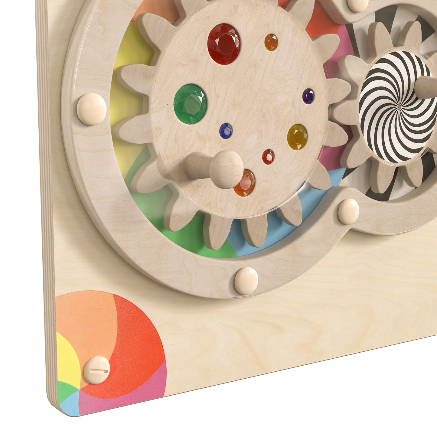 Bright Beginnings Commercial Grade STEAM Wall Activity Board with Natural Finish and Multicolor Accents, Turning Gears Beech