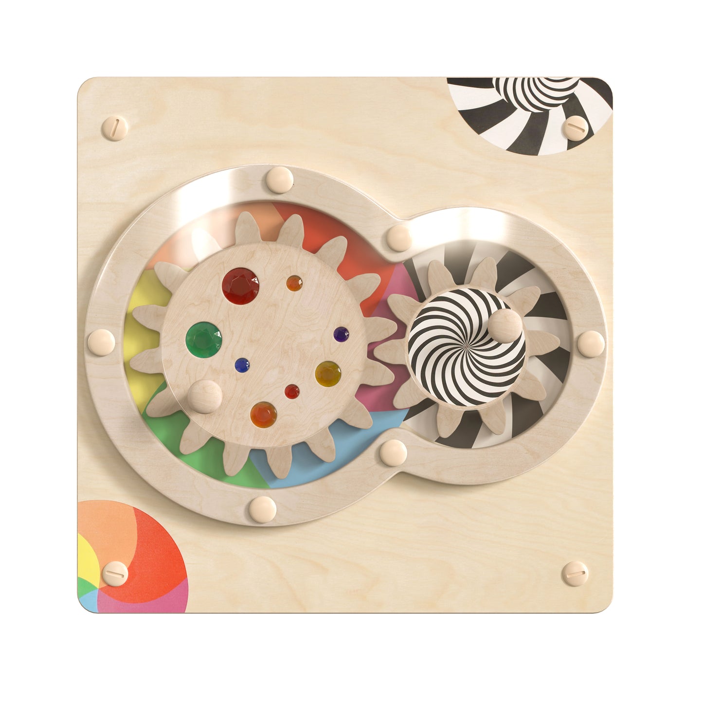 Bright Beginnings Commercial Grade STEAM Wall Activity Board with Natural Finish and Multicolor Accents, Turning Gears Beech