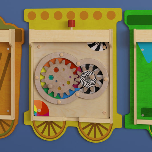 Bright Beginnings Commercial Grade STEAM Wall Activity Board with Natural Finish and Multicolor Accents, Turning Gears Beech