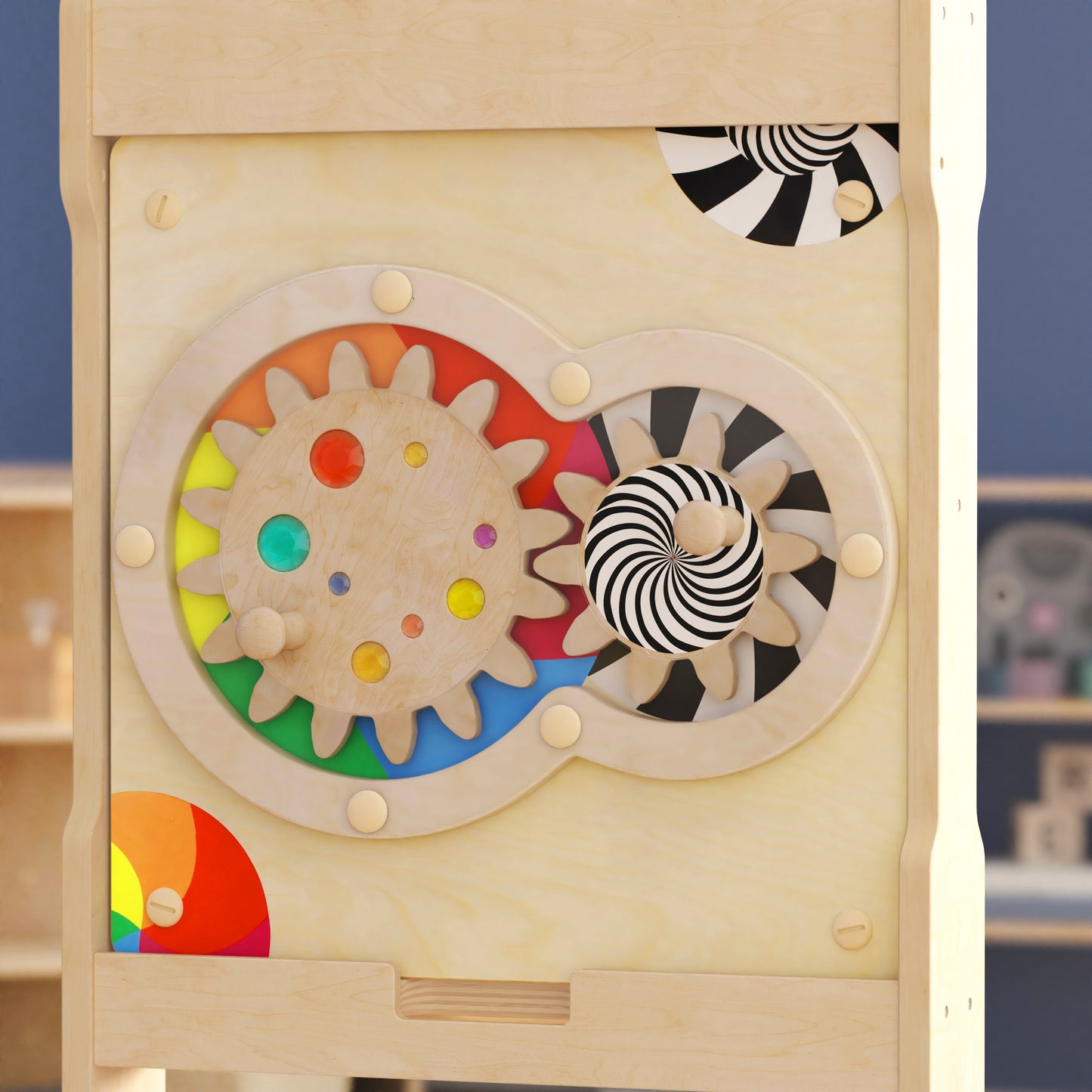 Bright Beginnings Commercial Grade STEAM Wall Activity Board with Natural Finish and Multicolor Accents, Turning Gears Beech