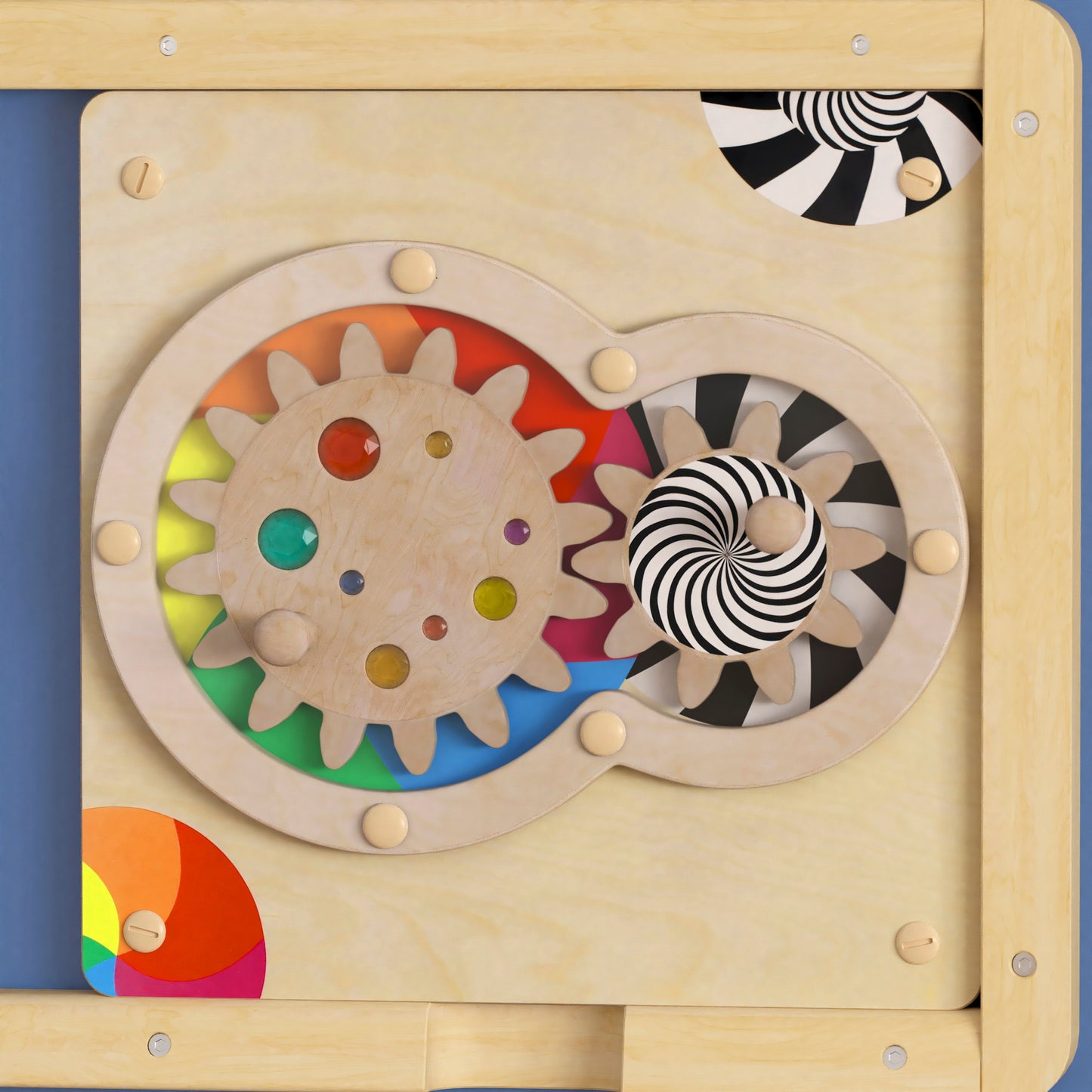 Bright Beginnings Commercial Grade STEAM Wall Activity Board with Natural Finish and Multicolor Accents, Turning Gears Beech