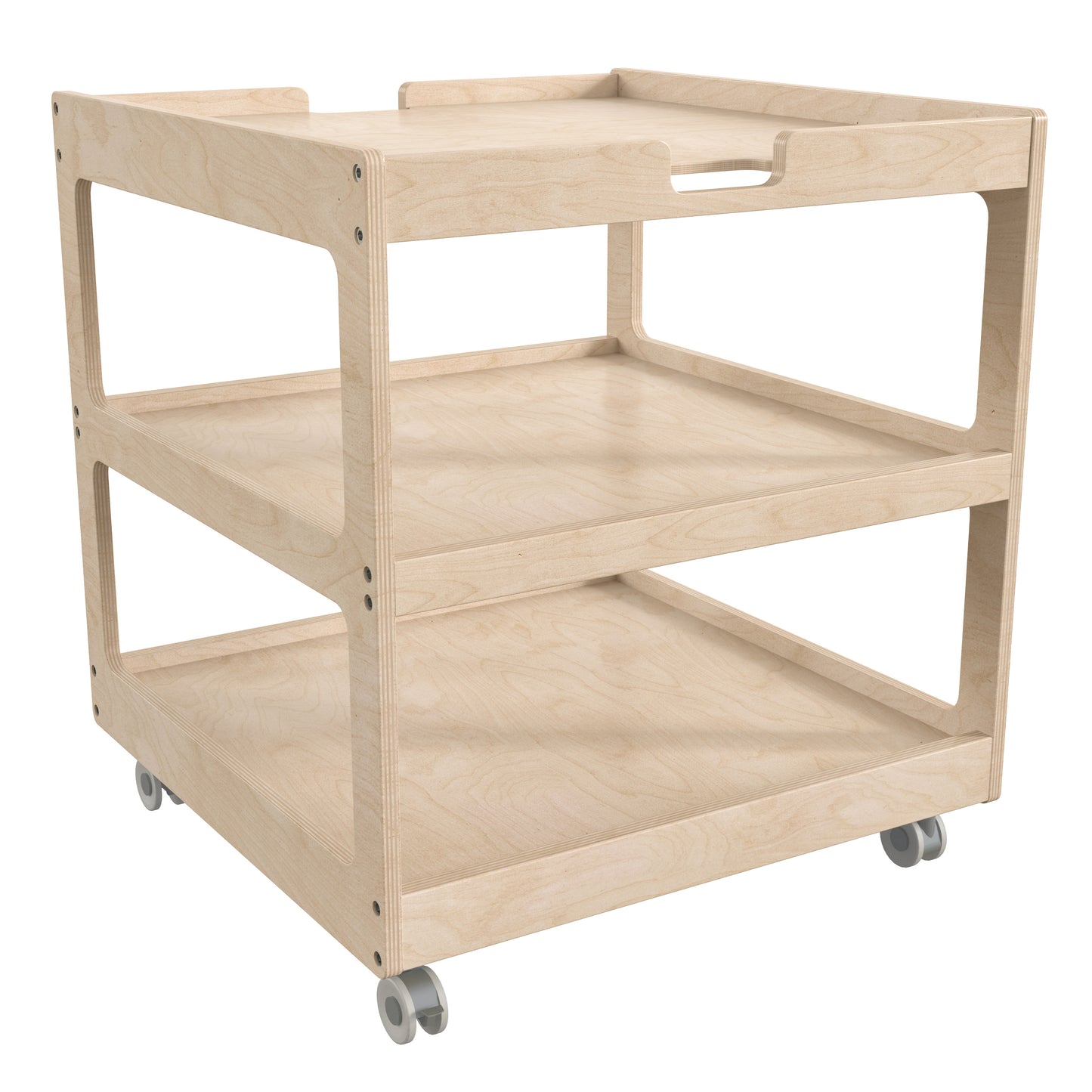 Bright Beginnings Commercial 3 Shelf Square Space Saving Wooden Mobile Classroom Storage Cart, Locking Caster Wheels, Kid Friendly Design, Natural Beech