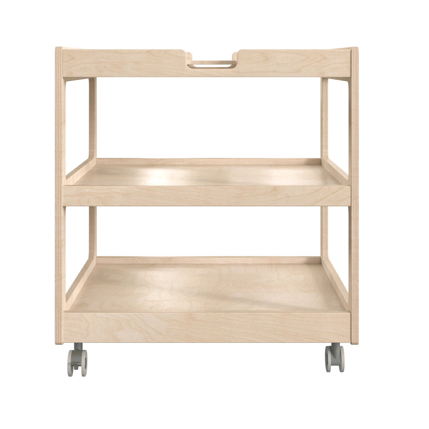 Bright Beginnings Commercial 3 Shelf Square Space Saving Wooden Mobile Classroom Storage Cart, Locking Caster Wheels, Kid Friendly Design, Natural Beech