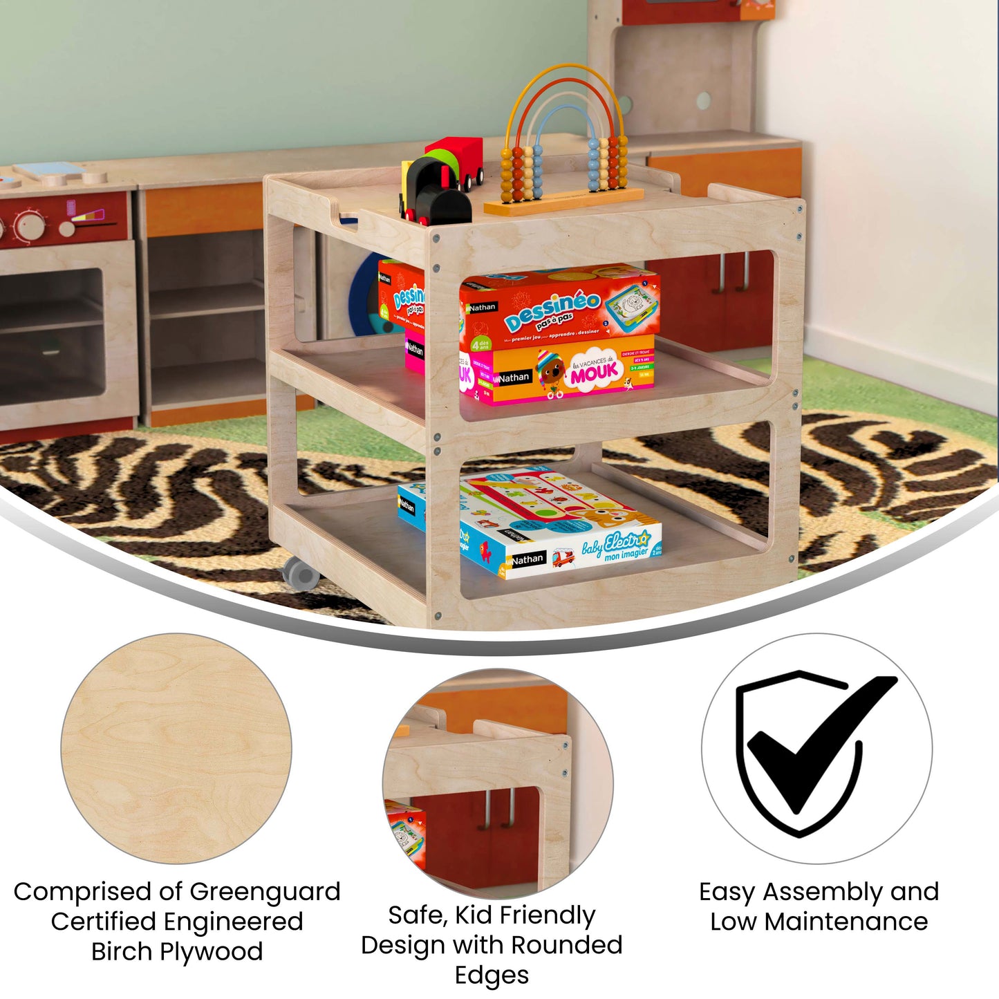 Bright Beginnings Commercial 3 Shelf Square Space Saving Wooden Mobile Classroom Storage Cart, Locking Caster Wheels, Kid Friendly Design, Natural Beech