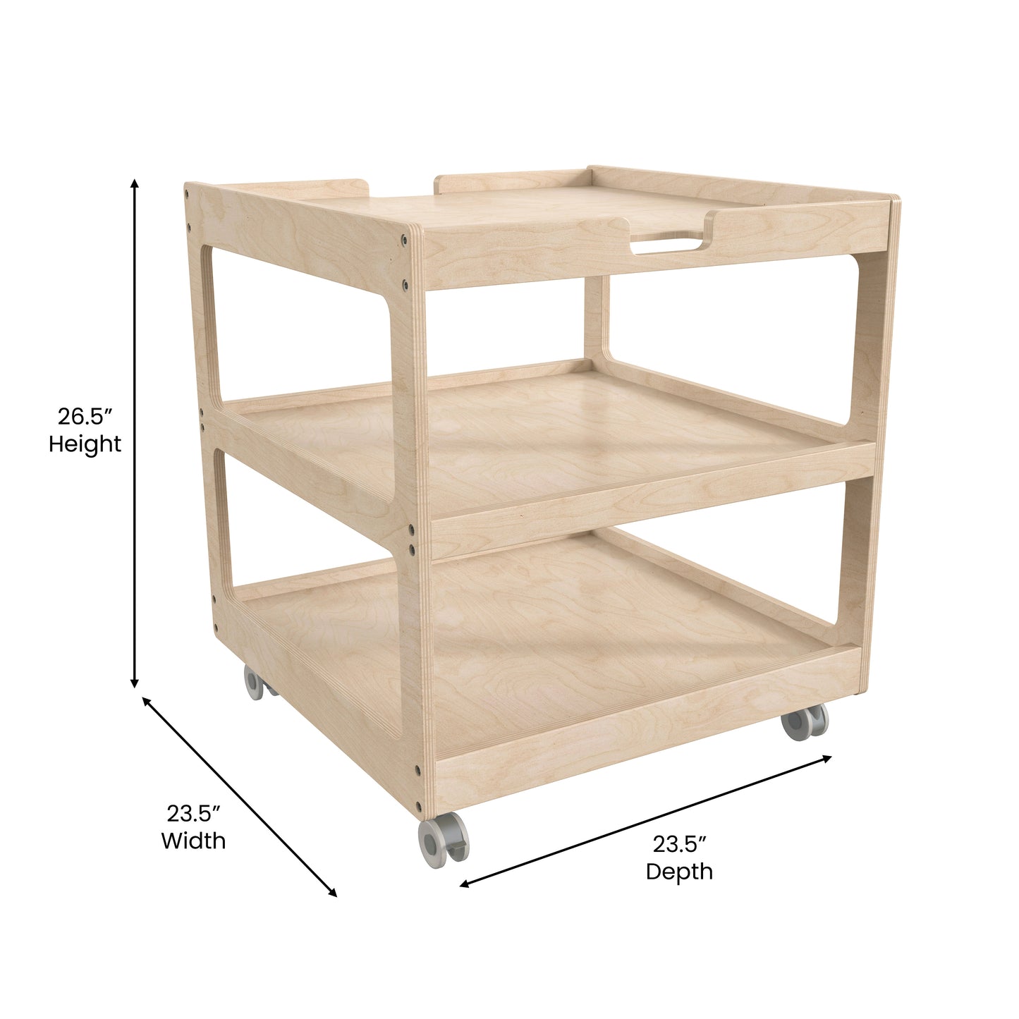 Bright Beginnings Commercial 3 Shelf Square Space Saving Wooden Mobile Classroom Storage Cart, Locking Caster Wheels, Kid Friendly Design, Natural Beech