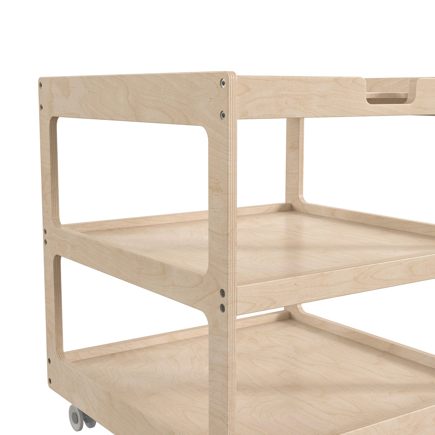 Bright Beginnings Commercial 3 Shelf Square Space Saving Wooden Mobile Classroom Storage Cart, Locking Caster Wheels, Kid Friendly Design, Natural Beech