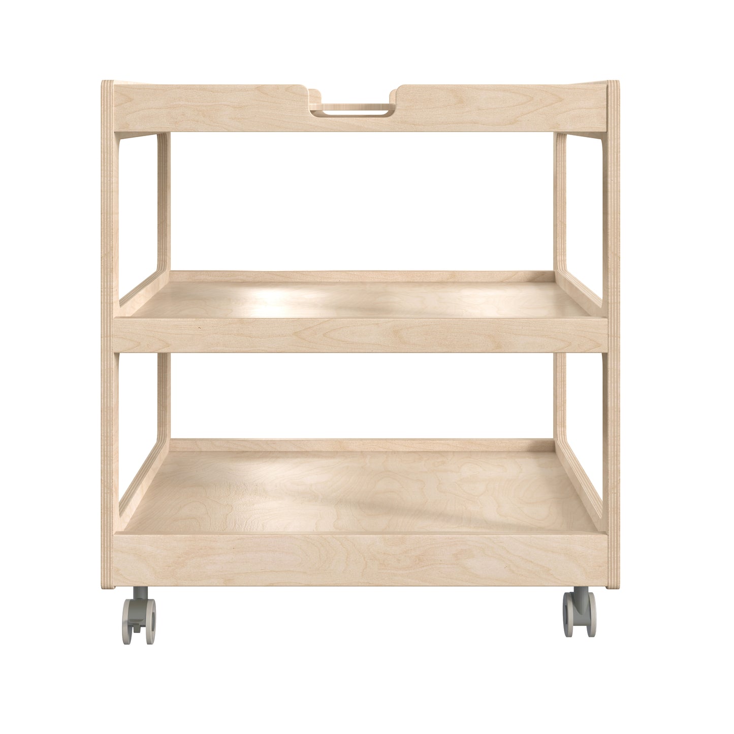 Bright Beginnings Commercial 3 Shelf Square Space Saving Wooden Mobile Classroom Storage Cart, Locking Caster Wheels, Kid Friendly Design, Natural Beech