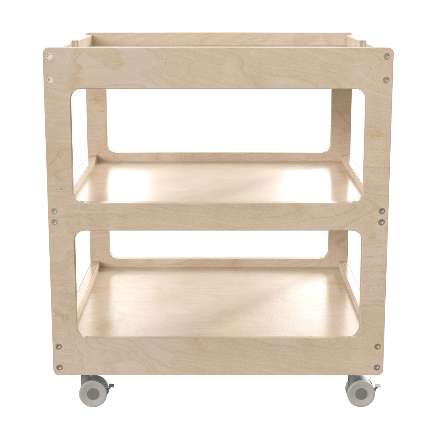 Bright Beginnings Commercial 3 Shelf Square Space Saving Wooden Mobile Classroom Storage Cart, Locking Caster Wheels, Kid Friendly Design, Natural Beech