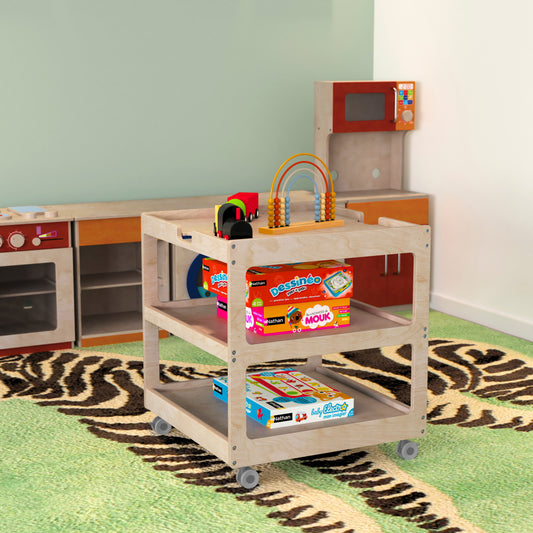 Bright Beginnings Commercial 3 Shelf Square Space Saving Wooden Mobile Classroom Storage Cart, Locking Caster Wheels, Kid Friendly Design, Natural Beech