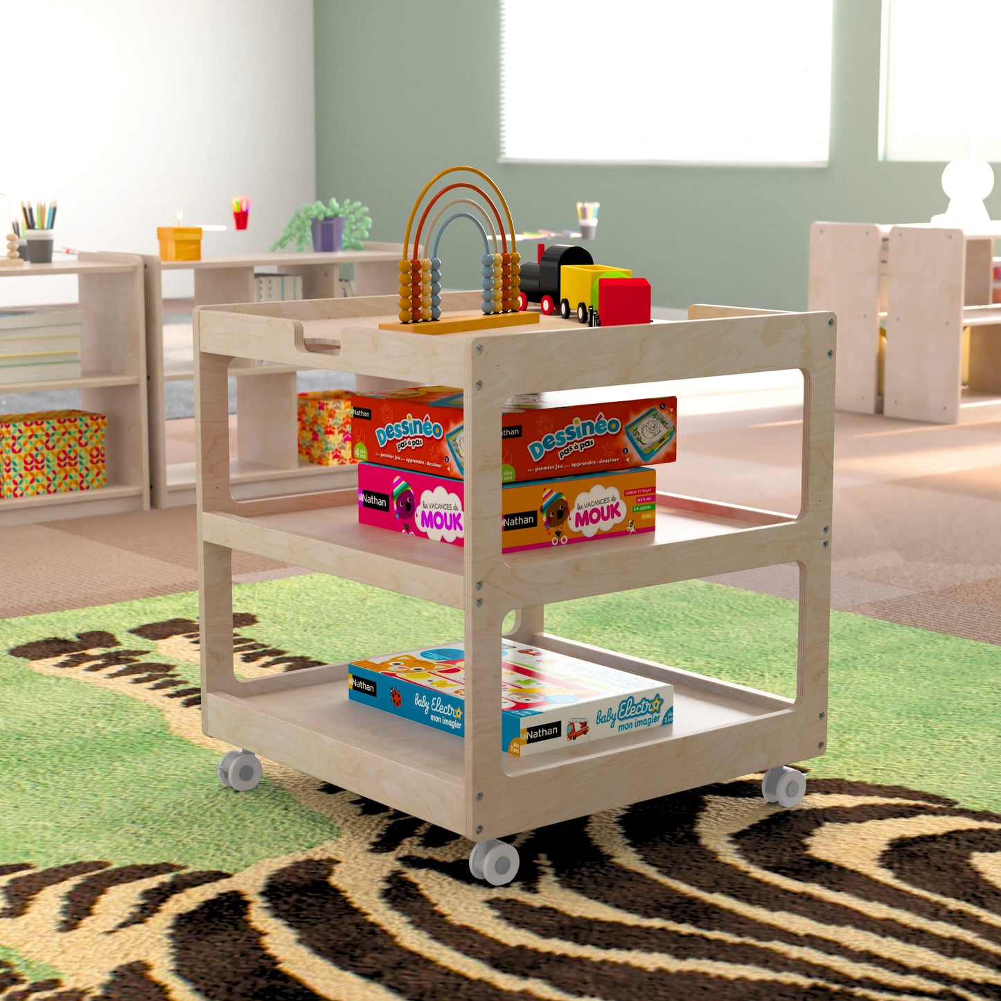 Bright Beginnings Commercial 3 Shelf Square Space Saving Wooden Mobile Classroom Storage Cart, Locking Caster Wheels, Kid Friendly Design, Natural Beech