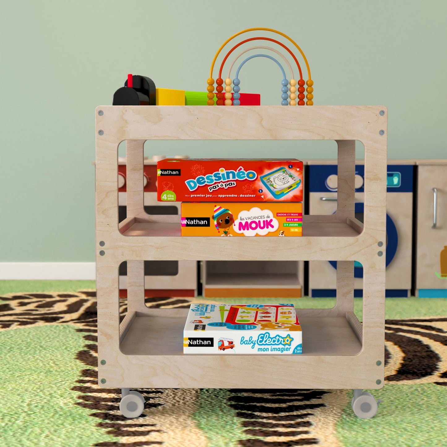 Bright Beginnings Commercial 3 Shelf Square Space Saving Wooden Mobile Classroom Storage Cart, Locking Caster Wheels, Kid Friendly Design, Natural Beech
