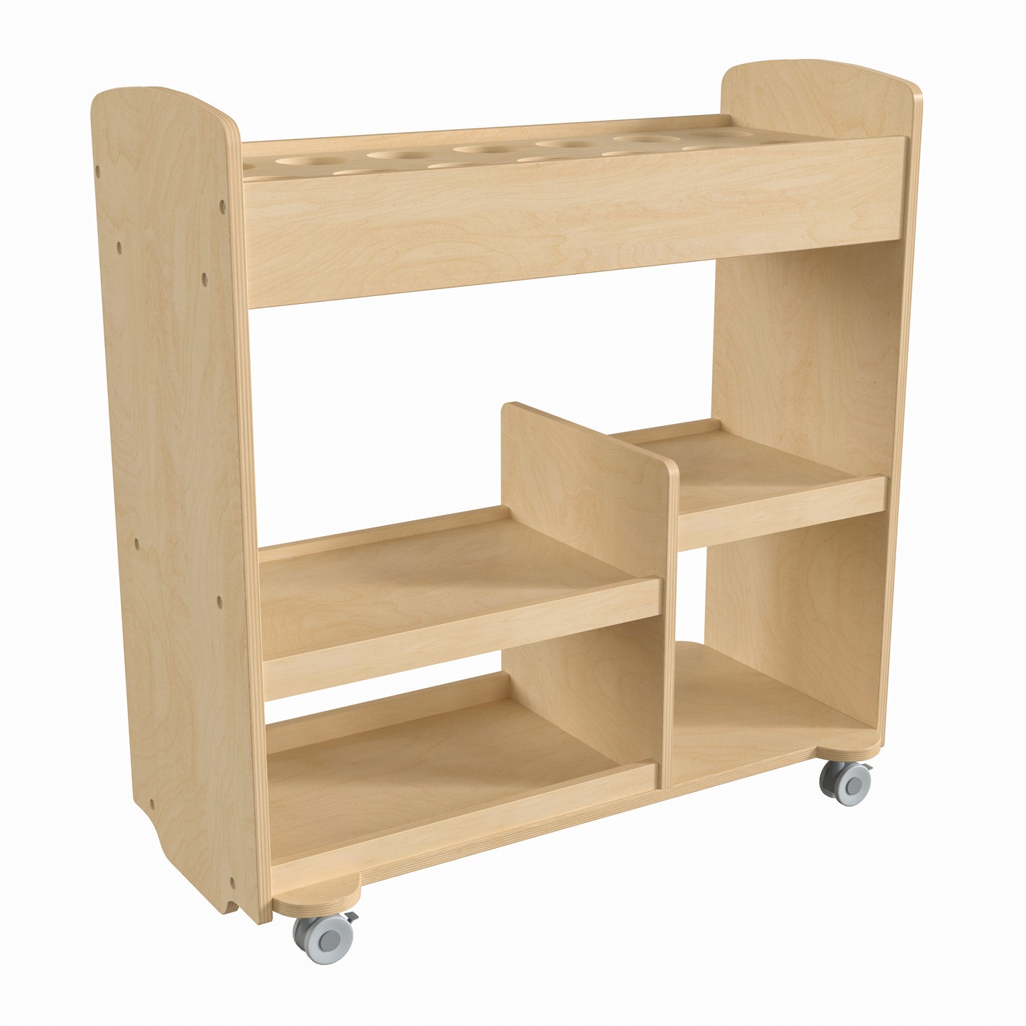 Bright Beginnings Commercial Wood Double Sided Mobile Storage Cart, 14 Round Storage Compartments, 4 Storage Shelves, Locking Caster Wheels, Natural Beech