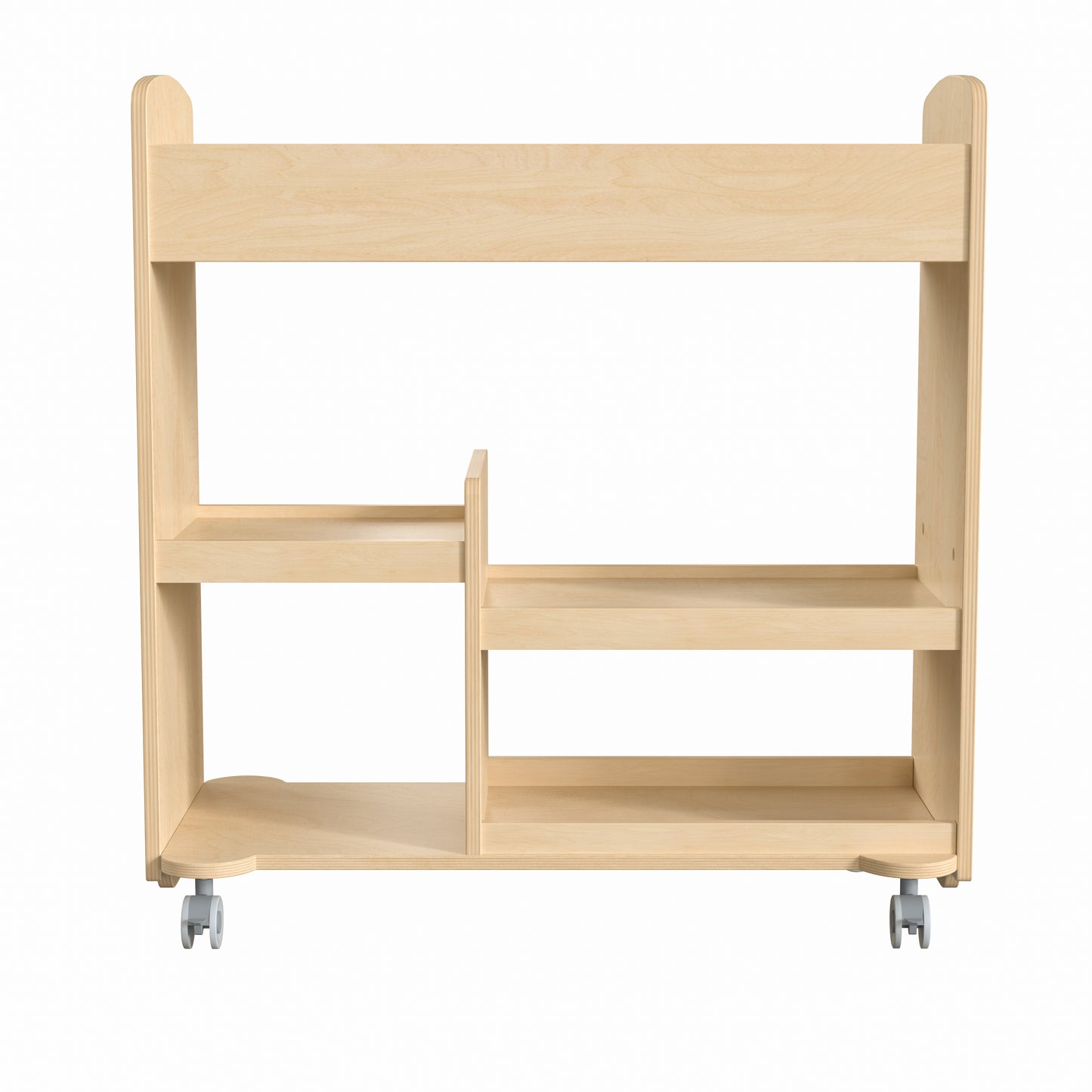 Bright Beginnings Commercial Wood Double Sided Mobile Storage Cart, 14 Round Storage Compartments, 4 Storage Shelves, Locking Caster Wheels, Natural Beech