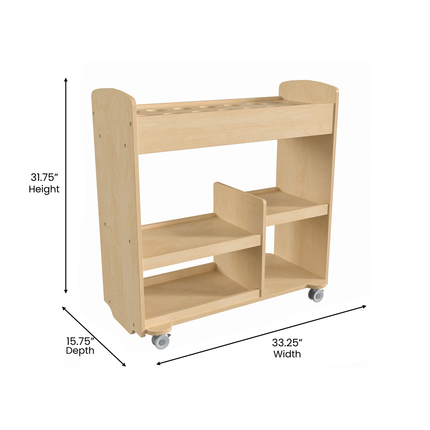 Bright Beginnings Commercial Wood Double Sided Mobile Storage Cart, 14 Round Storage Compartments, 4 Storage Shelves, Locking Caster Wheels, Natural Beech