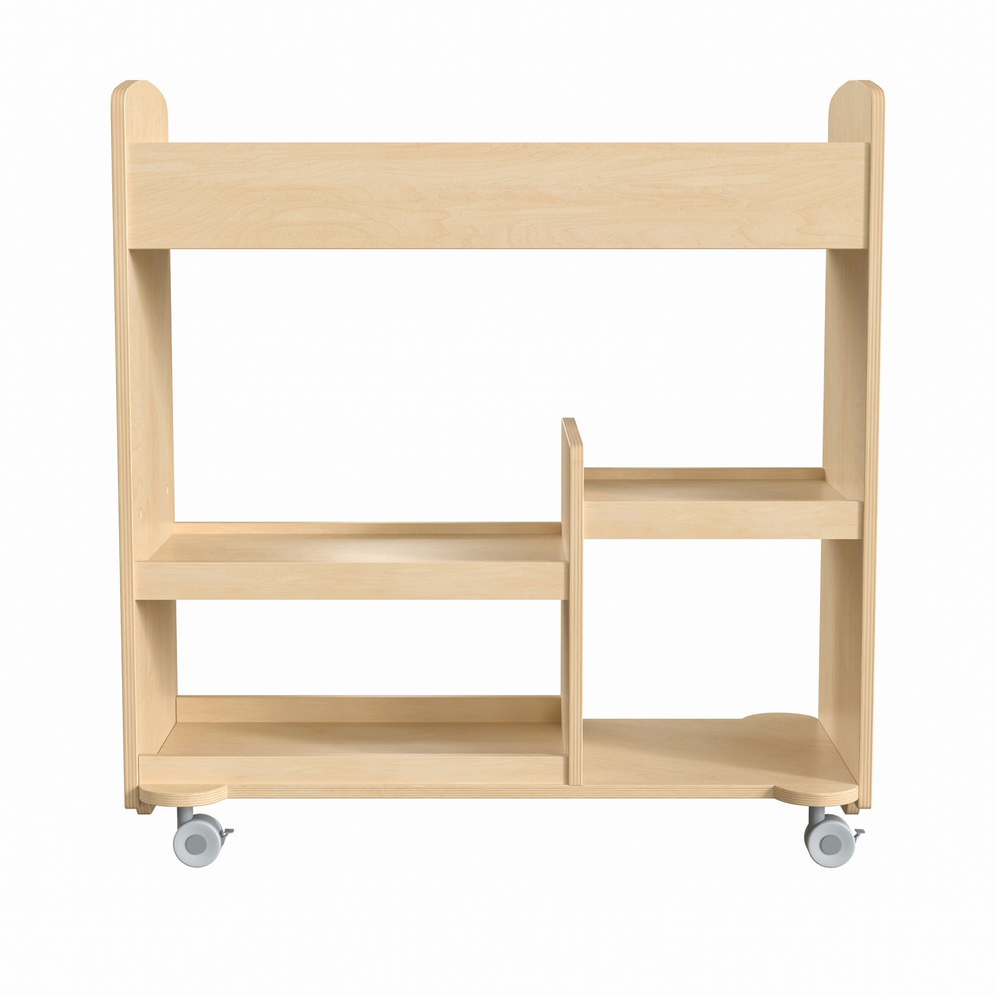 Bright Beginnings Commercial Wood Double Sided Mobile Storage Cart, 14 Round Storage Compartments, 4 Storage Shelves, Locking Caster Wheels, Natural Beech