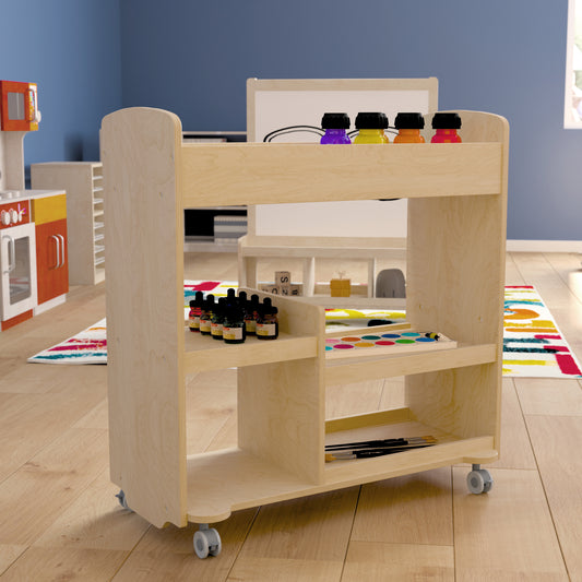 Bright Beginnings Commercial Wood Double Sided Mobile Storage Cart, 14 Round Storage Compartments, 4 Storage Shelves, Locking Caster Wheels, Natural Beech