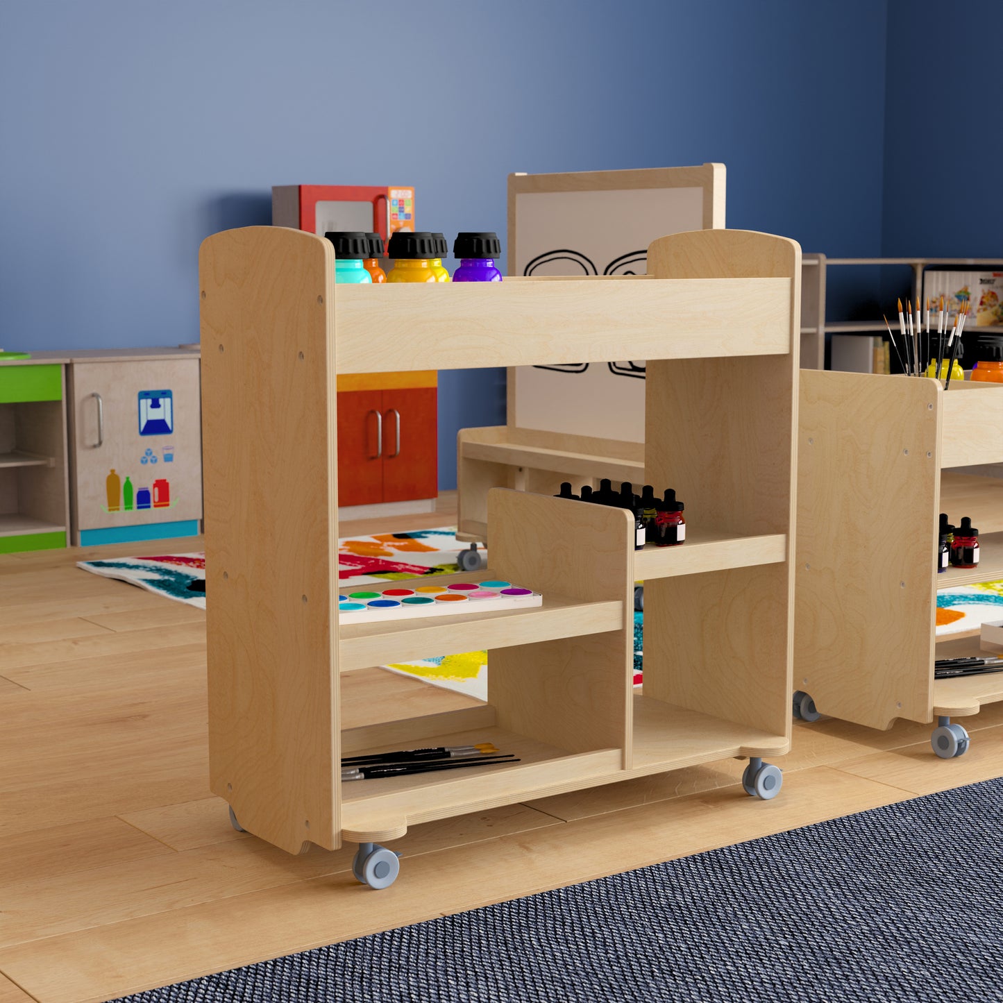 Bright Beginnings Commercial Wood Double Sided Mobile Storage Cart, 14 Round Storage Compartments, 4 Storage Shelves, Locking Caster Wheels, Natural Beech