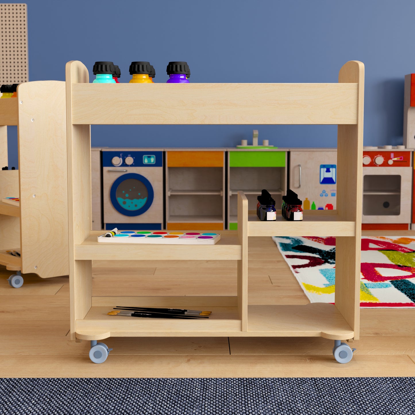 Bright Beginnings Commercial Wood Double Sided Mobile Storage Cart, 14 Round Storage Compartments, 4 Storage Shelves, Locking Caster Wheels, Natural Beech