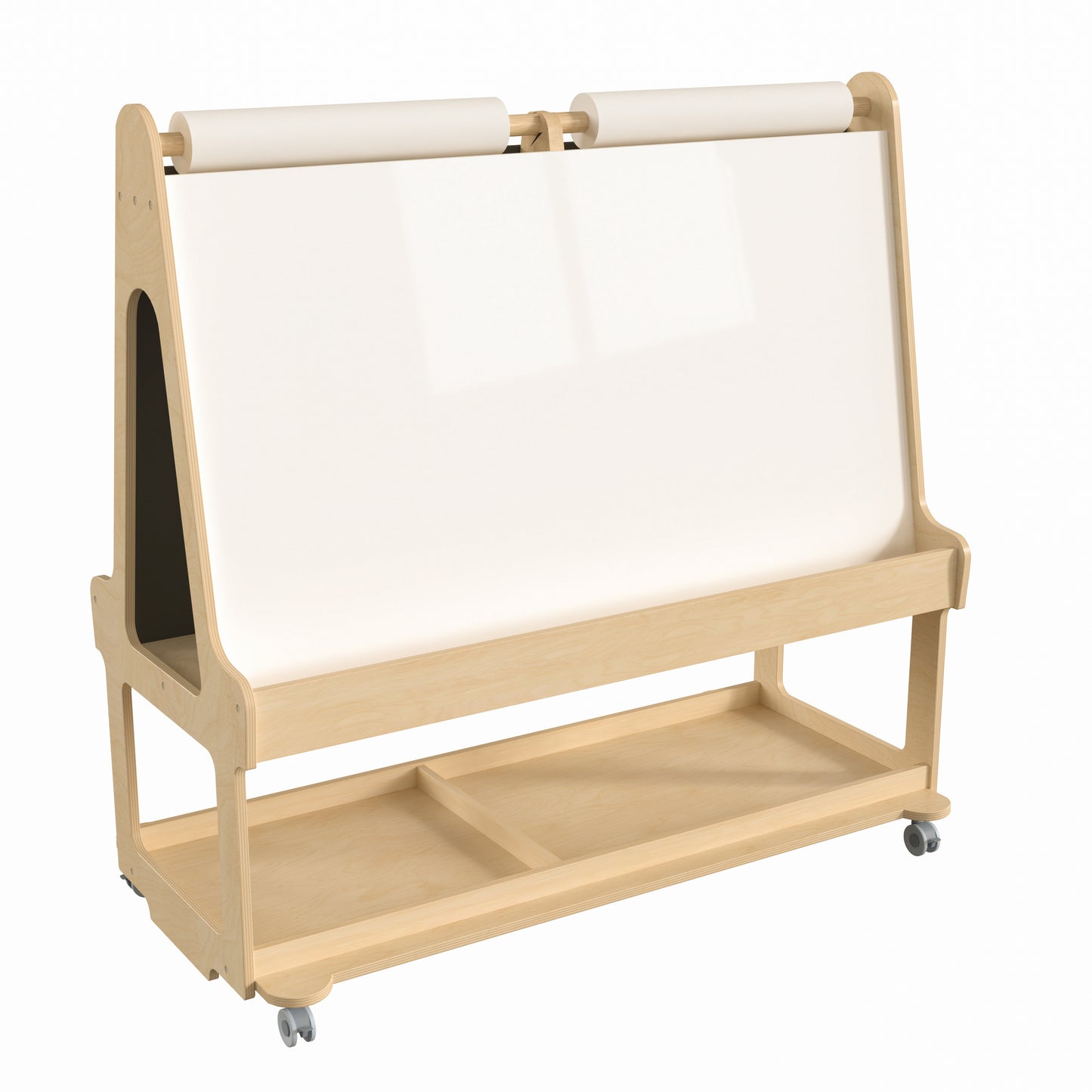 Bright Beginnings Commercial Wooden Mobile Dual Sided 4 Person Art Station with Locking Caster Wheels and Bottom Shelf Storage, Natural Beech