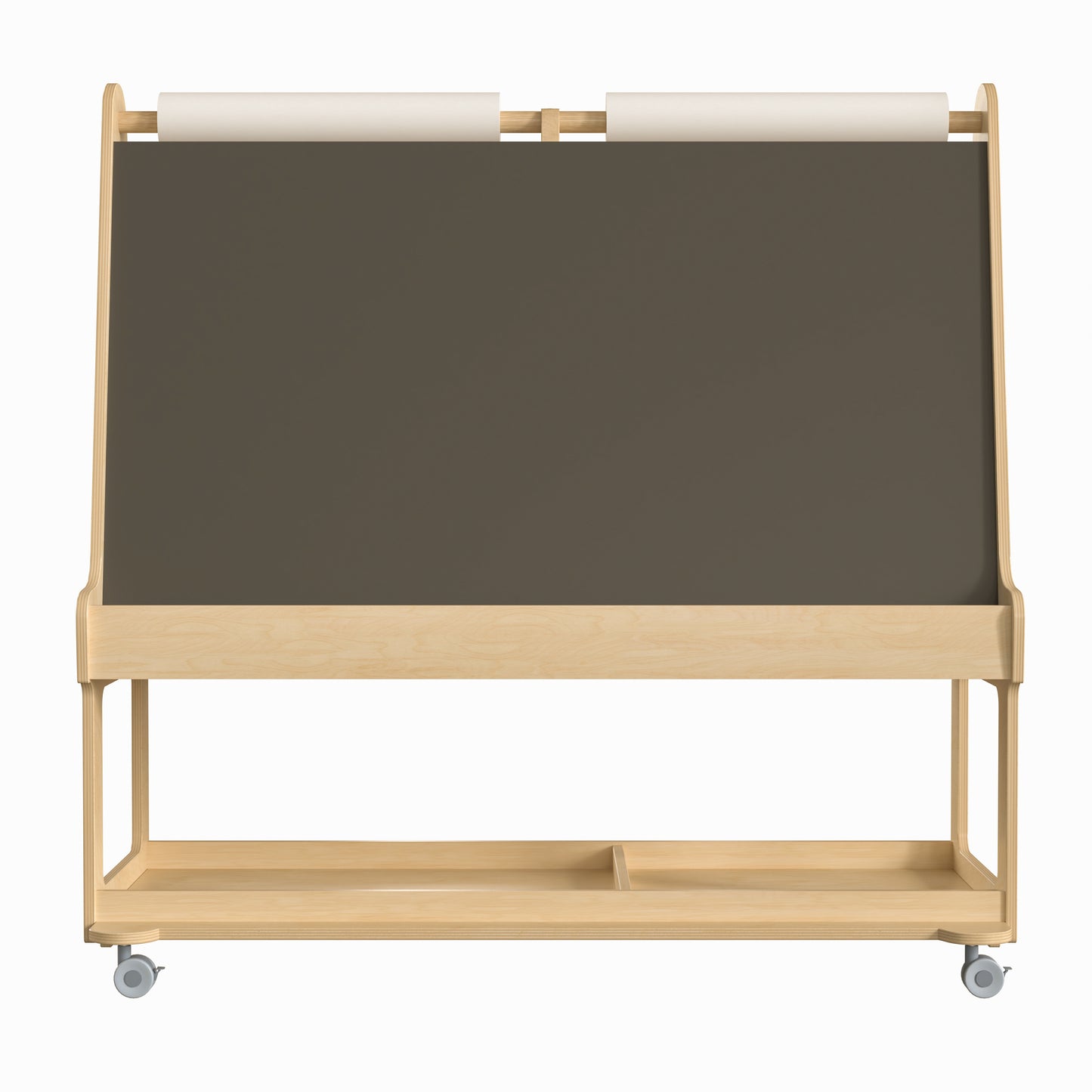 Bright Beginnings Commercial Wooden Mobile Dual Sided 4 Person Art Station with Locking Caster Wheels and Bottom Shelf Storage, Natural Beech