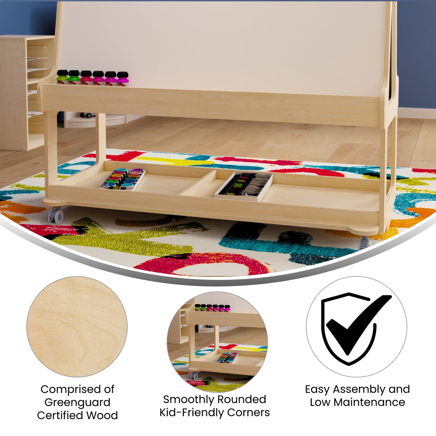 Bright Beginnings Commercial Wooden Mobile Dual Sided 4 Person Art Station with Locking Caster Wheels and Bottom Shelf Storage, Natural Beech