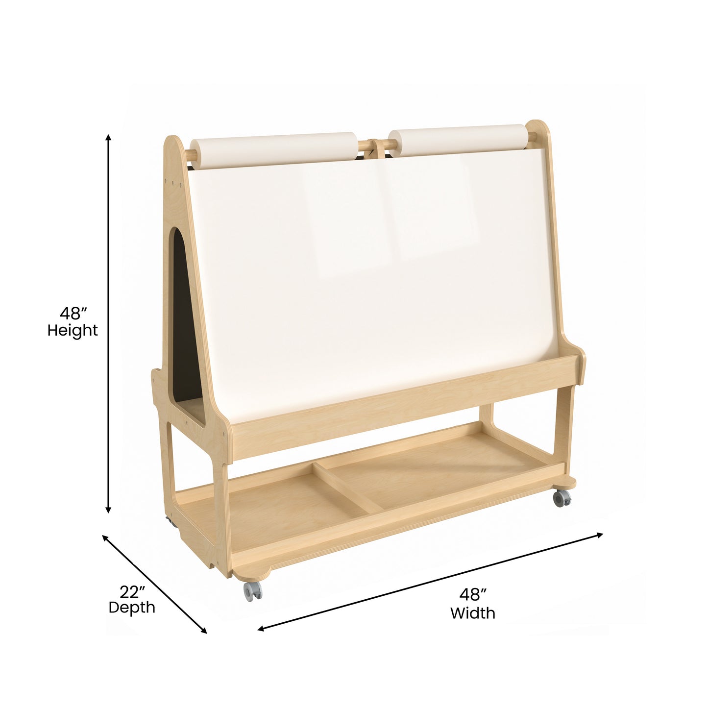 Bright Beginnings Commercial Wooden Mobile Dual Sided 4 Person Art Station with Locking Caster Wheels and Bottom Shelf Storage, Natural Beech