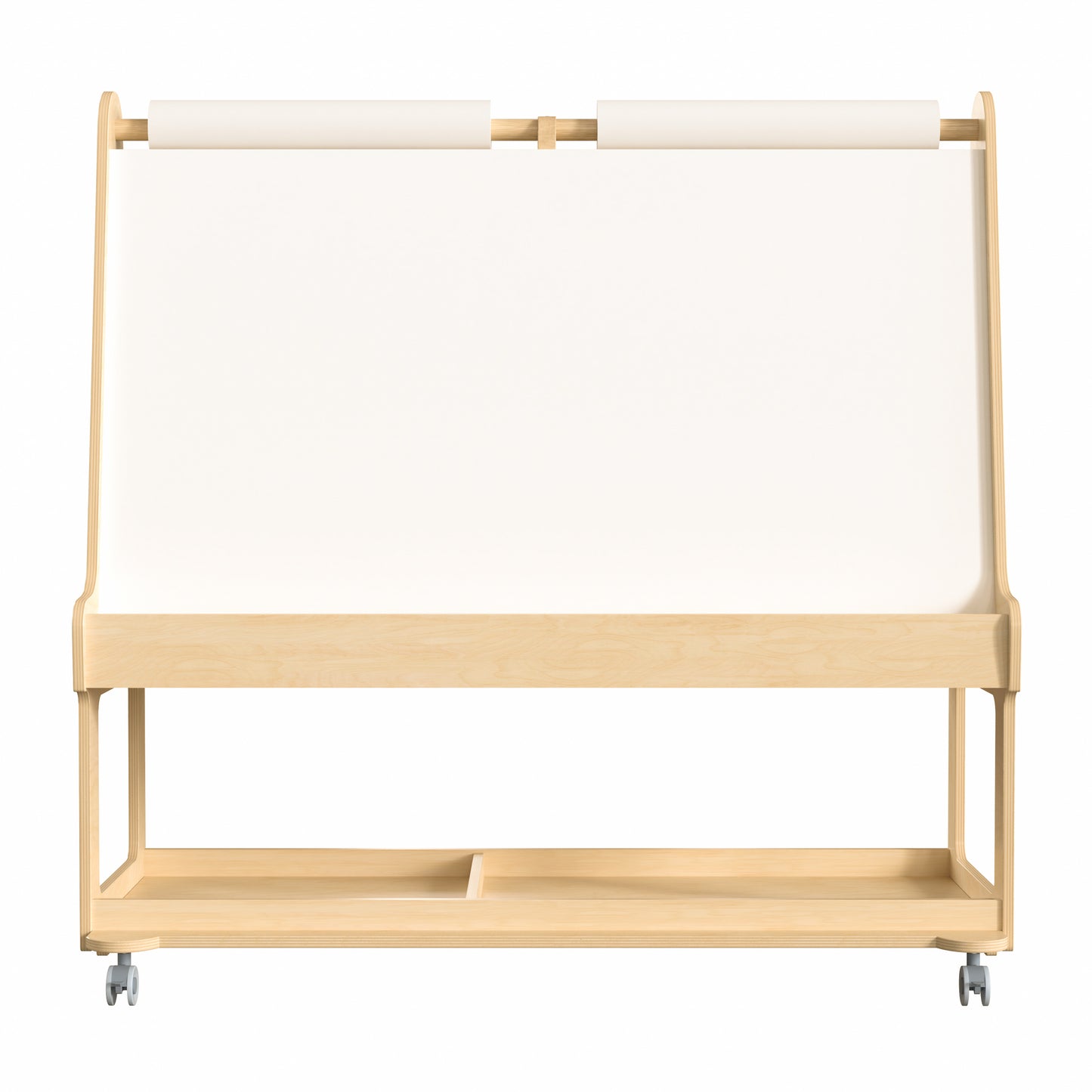 Bright Beginnings Commercial Wooden Mobile Dual Sided 4 Person Art Station with Locking Caster Wheels and Bottom Shelf Storage, Natural Beech