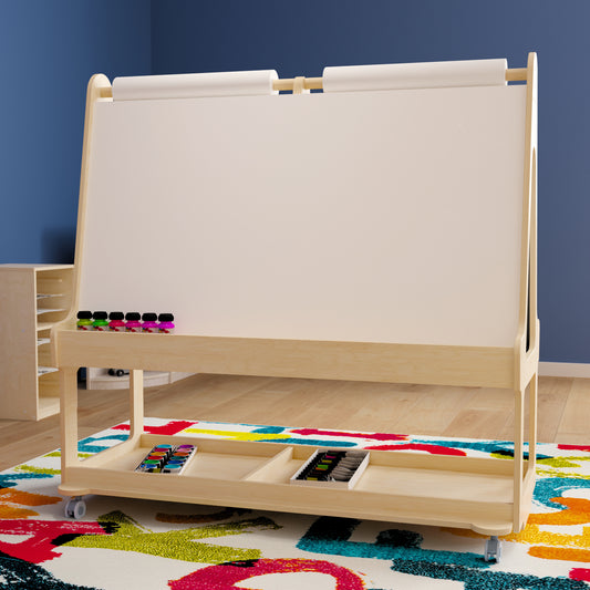 Bright Beginnings Commercial Wooden Mobile Dual Sided 4 Person Art Station with Locking Caster Wheels and Bottom Shelf Storage, Natural Beech