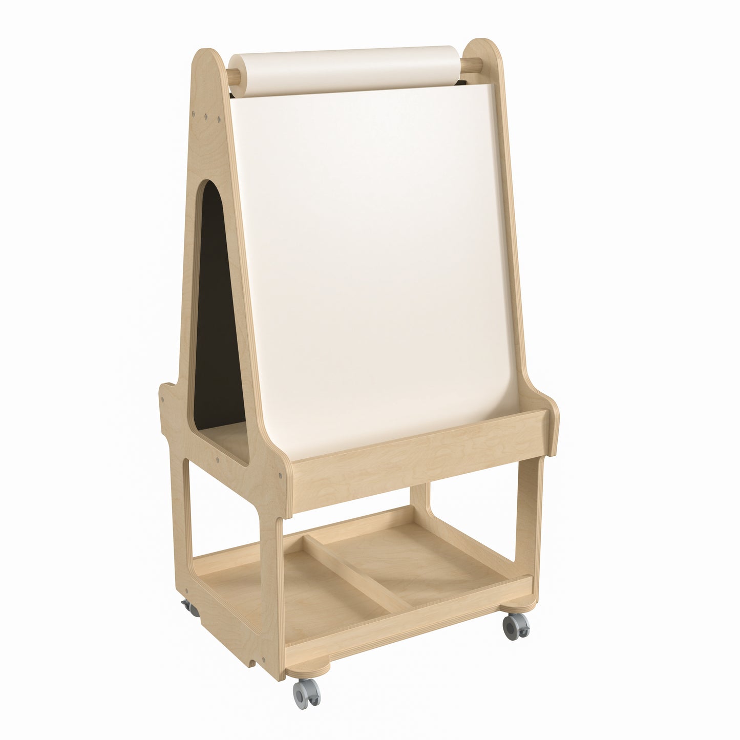 Bright Beginnings Commercial Wooden Mobile Dual Sided 2 Person Art Station with Locking Caster Wheels and Bottom Shelf Storage, Natural Beech