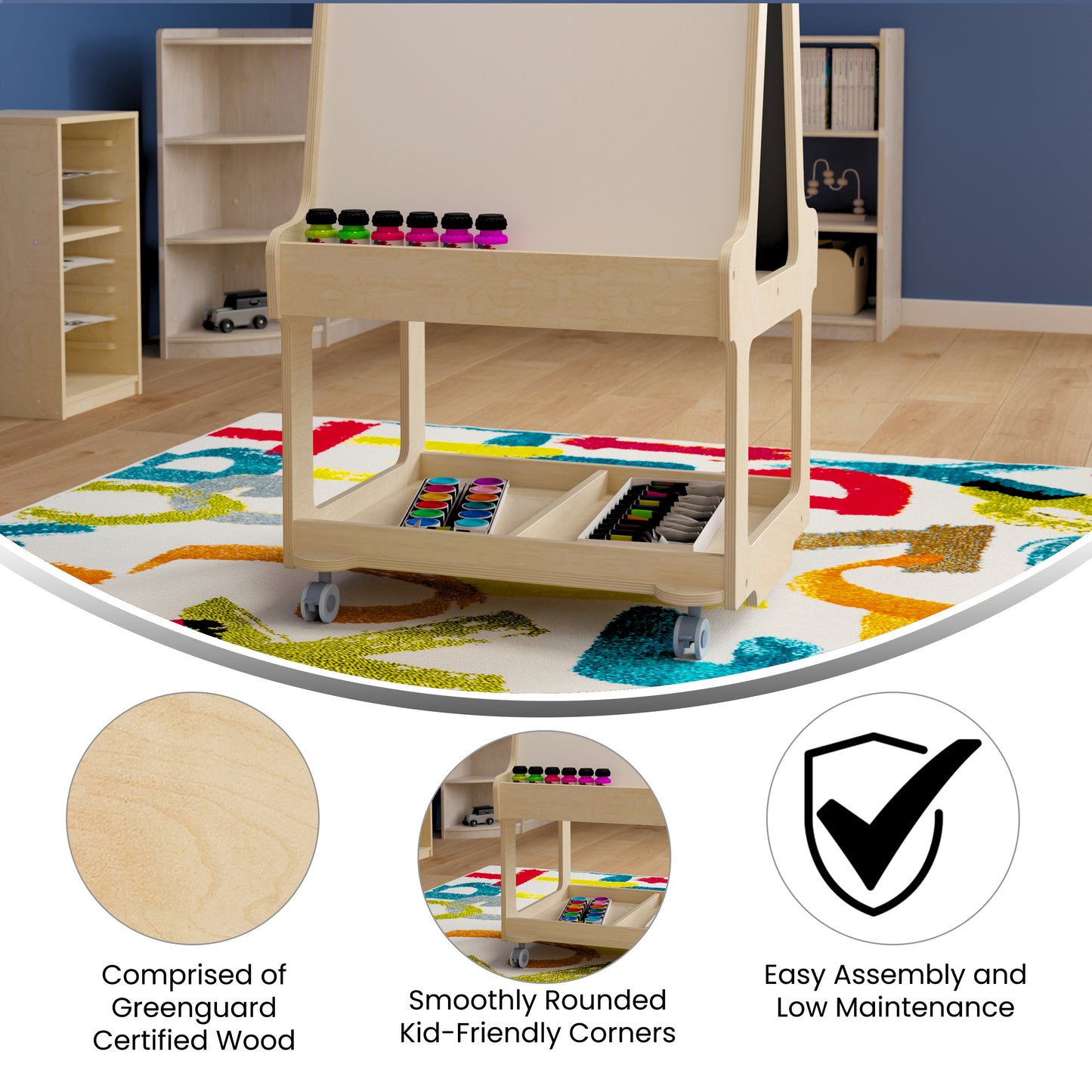Bright Beginnings Commercial Wooden Mobile Dual Sided 2 Person Art Station with Locking Caster Wheels and Bottom Shelf Storage, Natural Beech