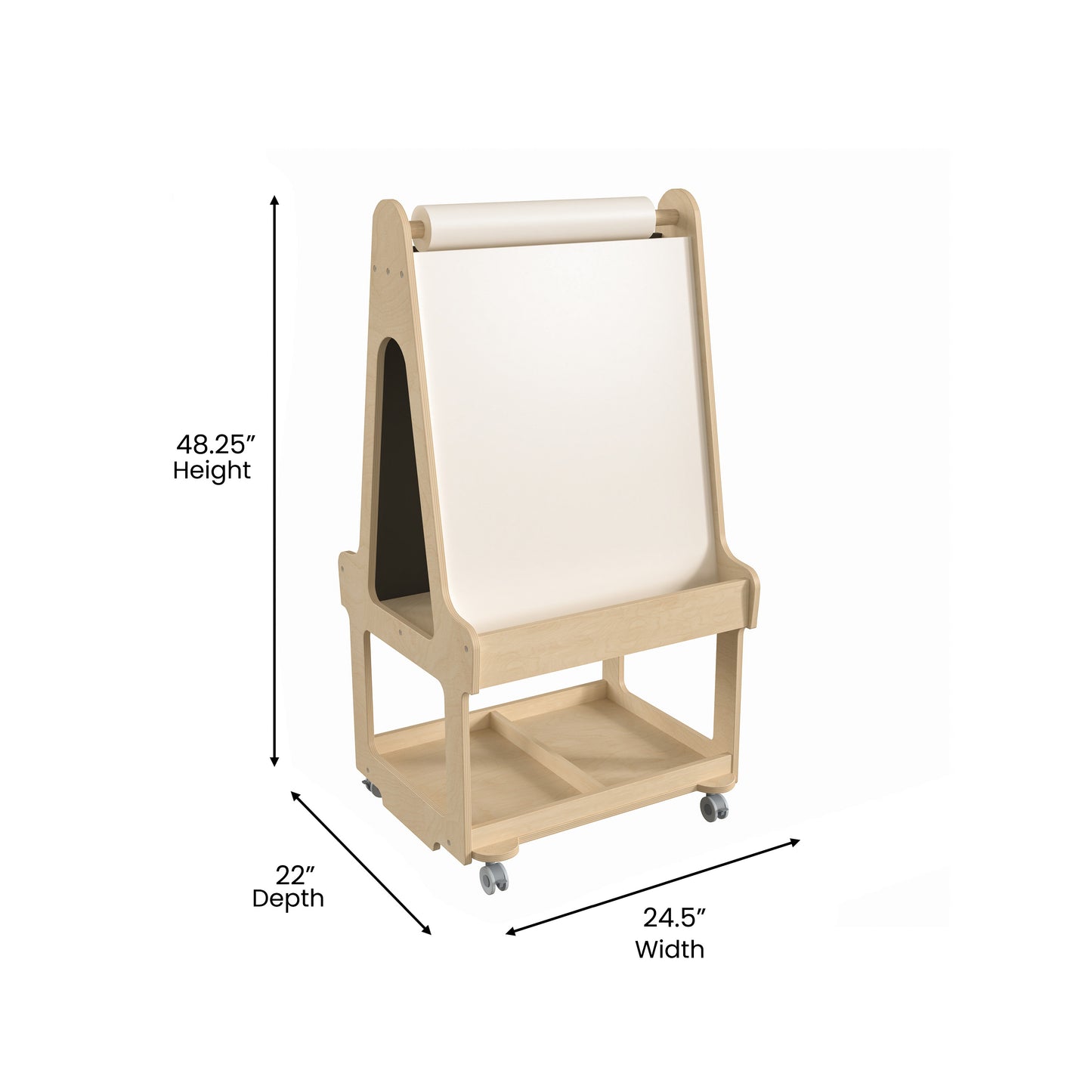 Bright Beginnings Commercial Wooden Mobile Dual Sided 2 Person Art Station with Locking Caster Wheels and Bottom Shelf Storage, Natural Beech