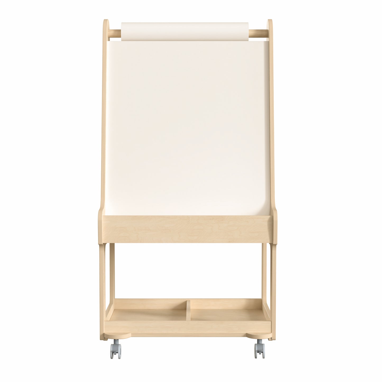 Bright Beginnings Commercial Wooden Mobile Dual Sided 2 Person Art Station with Locking Caster Wheels and Bottom Shelf Storage, Natural Beech