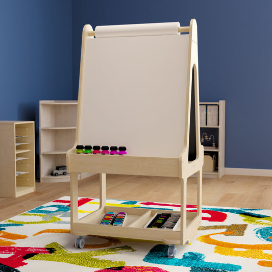 Bright Beginnings Commercial Wooden Mobile Dual Sided 2 Person Art Station with Locking Caster Wheels and Bottom Shelf Storage, Natural Beech