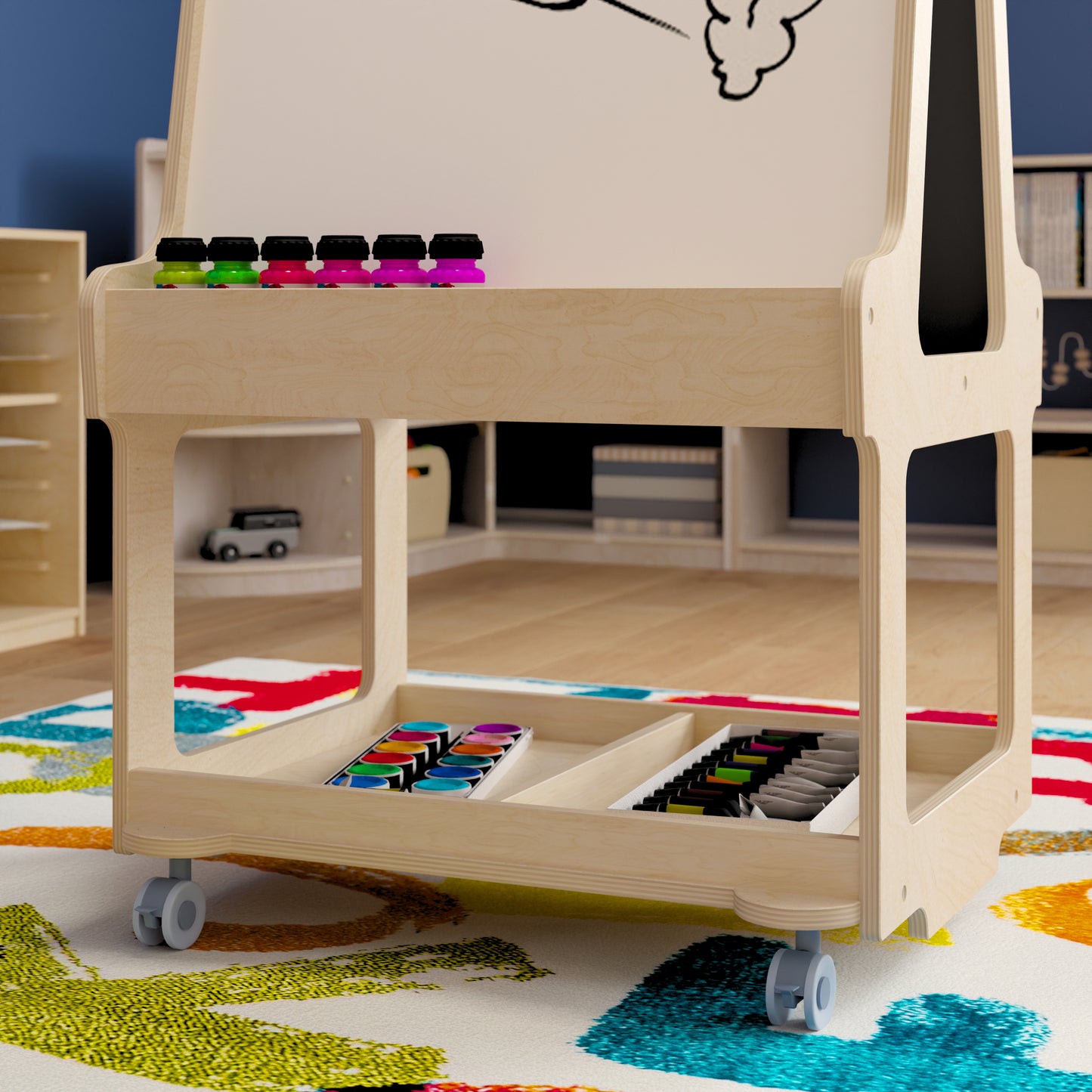 Bright Beginnings Commercial Wooden Mobile Dual Sided 2 Person Art Station with Locking Caster Wheels and Bottom Shelf Storage, Natural Beech