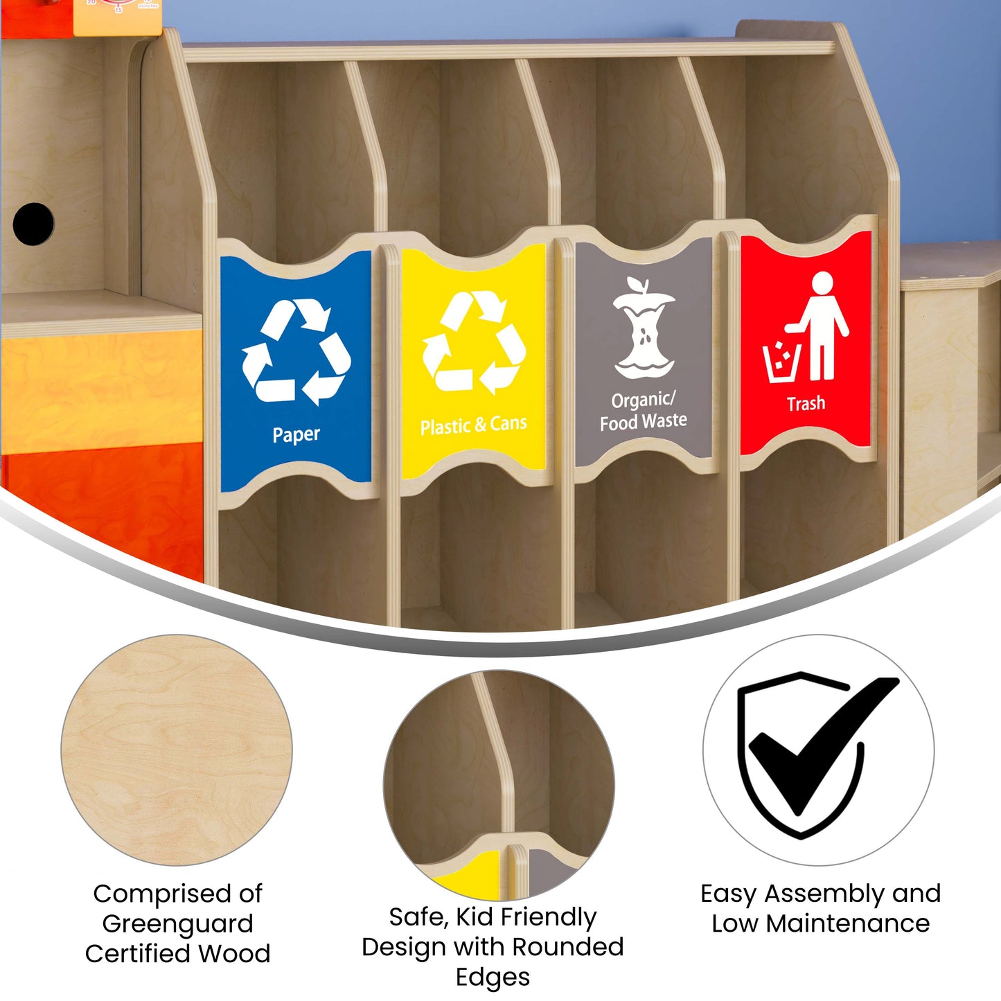 Bright Beginnings Commercial Grade Wooden Pretend Play Recycling Station for Children Beech
