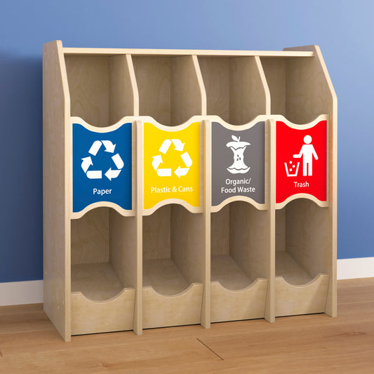 Bright Beginnings Commercial Grade Wooden Pretend Play Recycling Station for Children Beech
