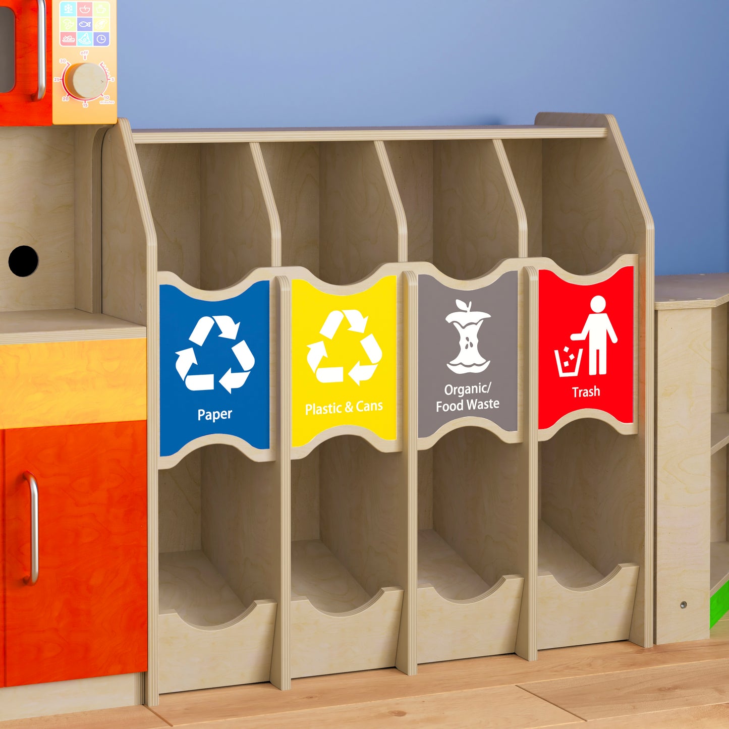 Bright Beginnings Commercial Grade Wooden Pretend Play Recycling Station for Children Beech